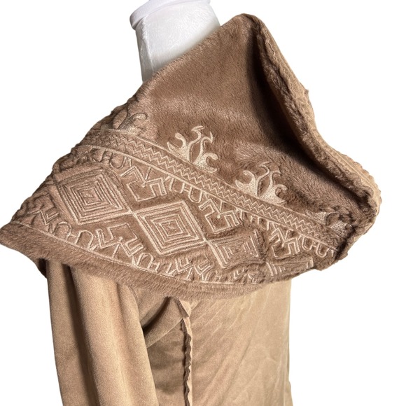 Sweet Jane Embroidered Hooded Faux Suede Fleece Lined Open Front Jacket Coat - Picture 12 of 15